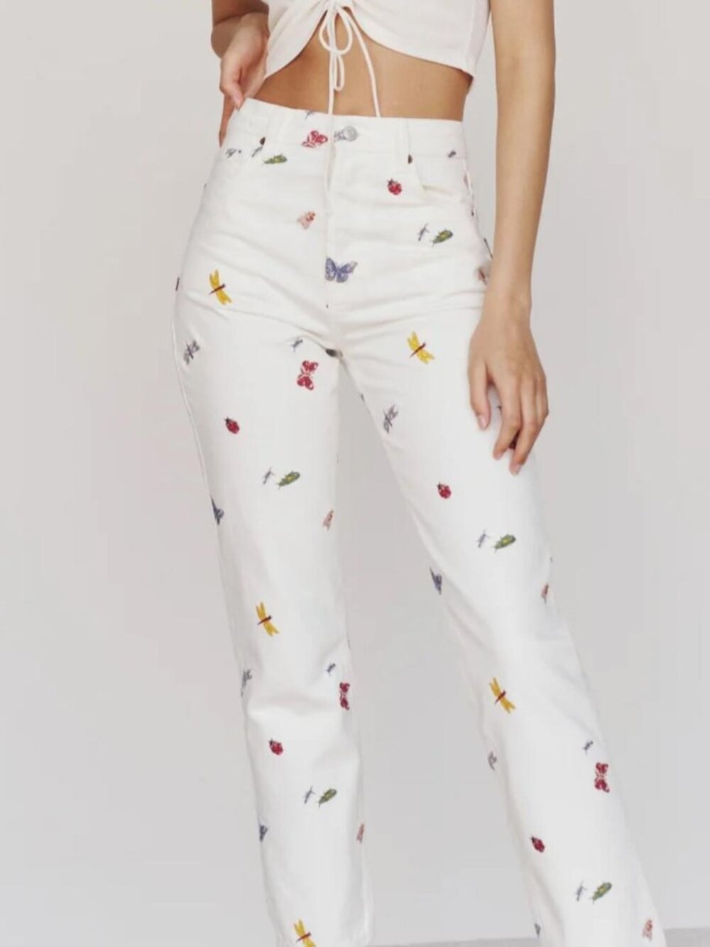 Reformation Cottagecore Embroidered Butterfly Straight Leg Jeans White - Size 25